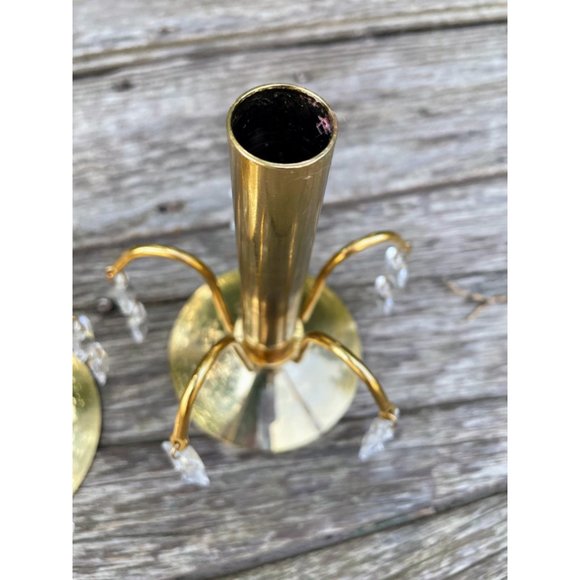 Vintage 1970s Small Brass Waterfall Crystal Candlestick Holders - Picture 3 of 11